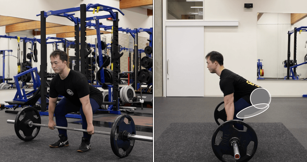 Proper Deadlift Form — Push your butt back to hinge at the hips as you bend over to grab the bar. You should feel a stretch in the back of your glutes and hamstrings.