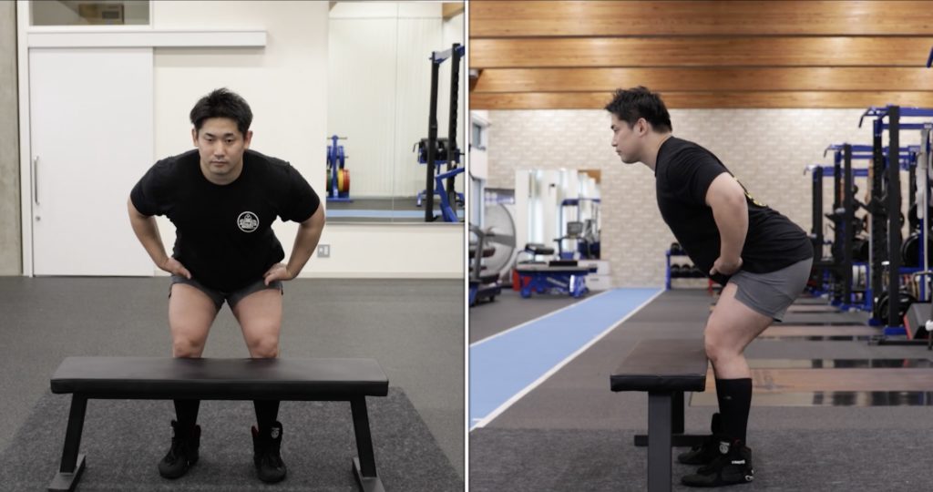 Deadlift hip hinge troubleshooting - using a bench to keep the knees from coming forward.