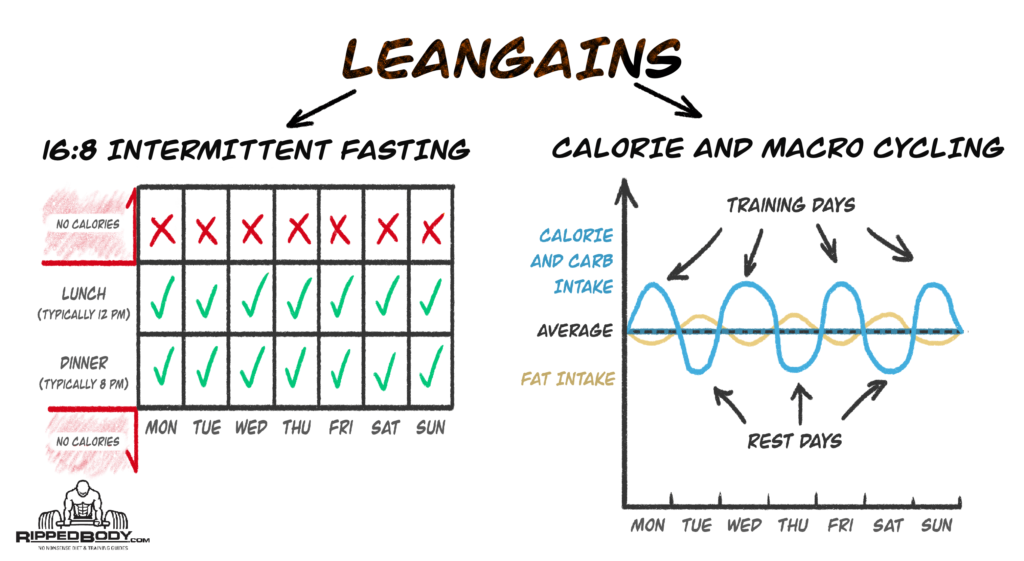 Leangains combines intermittent fasting (breakfast skipping) and macro cycling.