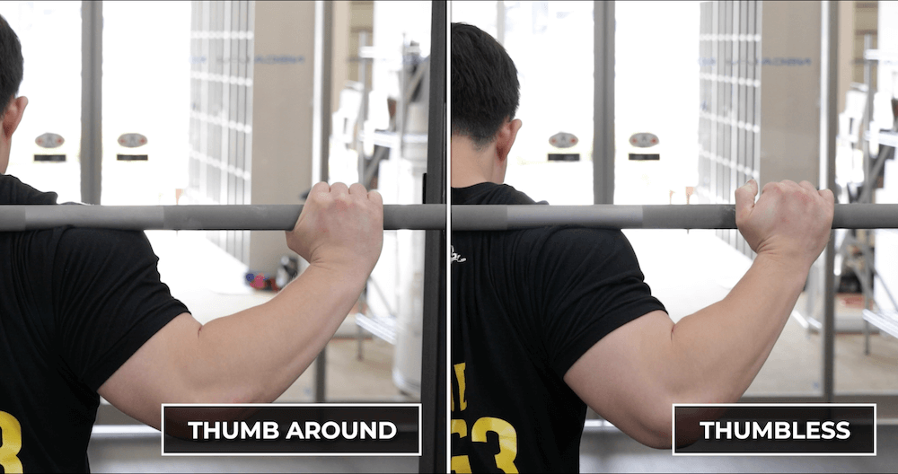 Thumb-around vs thumbless low-bar squat grip.