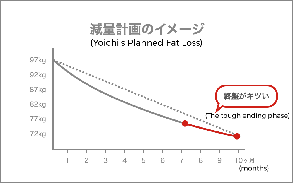 Yoichi's planned fat loss curve, with faster weight loss early in the prep and the pace easing off as body fat gets low.