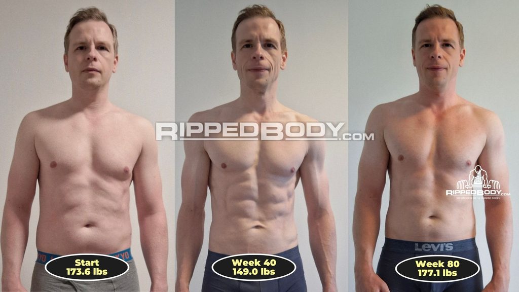 Three-panel comparison of Thomas at week 0, week 40, and week 80 of coaching.