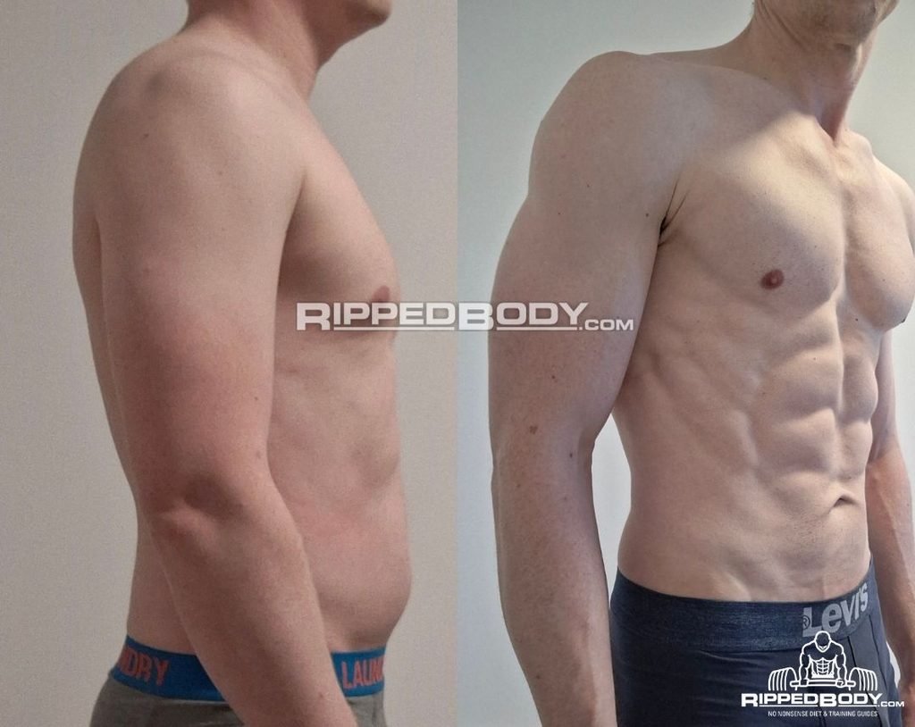 Side-view comparison of Thomas before and after his 40-week cut, showing reduced waist circumference.
