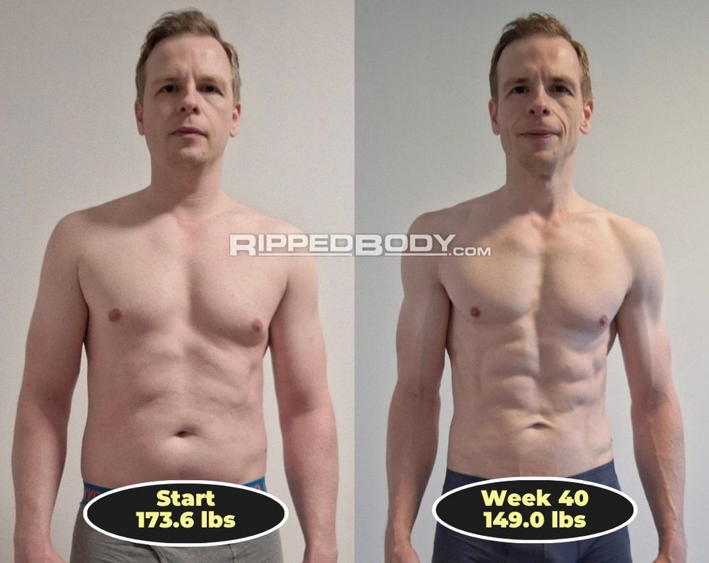 Thomas before and after a 40-week cut, front view, down 24.6 lbs with visible abdominal definition.